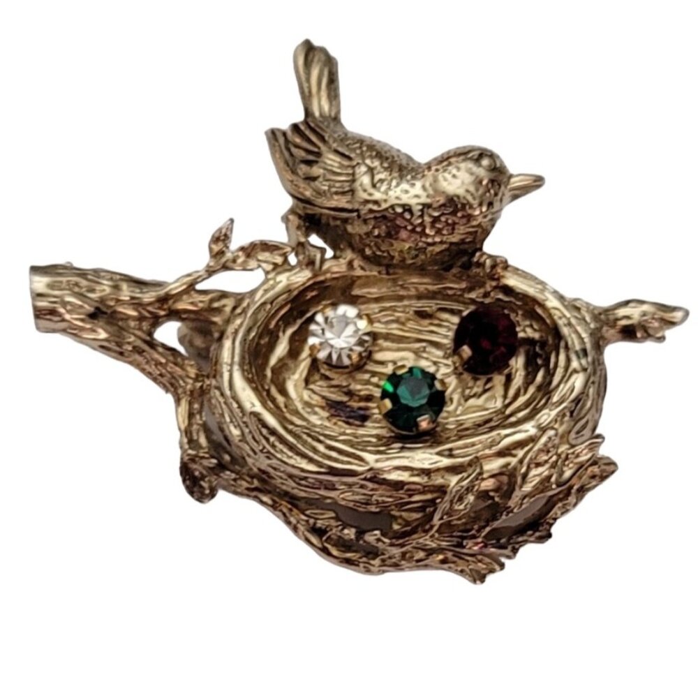 Anson Sterling Gold Vermeil Gemstone Eggs In Nest Bird Pin, Signed E748